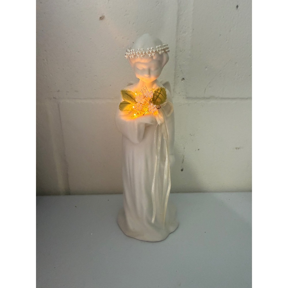 White Porcelain Light Up Angel Figurine Pearl Halo Glowing Wings Statue Decor